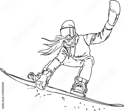 A female snowboarder is making a jump. Vector illustration. Vector illustration.