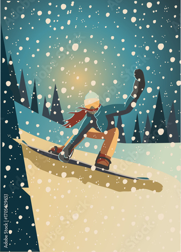 A female snowboarder is making a jump. Vector illustration.