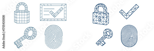 Digital security and authentication symbols featuring padlock, key, fingerprint, and checkmark in two styles