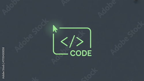 Illustration of a code symbol in a square with a cursor on a gray background, representing programming, software development, and technology