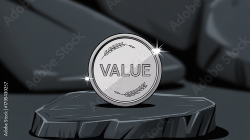 A silver coin with the word value on a stone platform, representing worth, importance, and financial gain