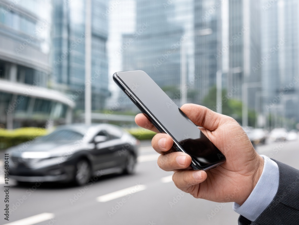 © Netsai - Close-up of a person's hand holding a smartphone on a modern city street with blurred buildings and a moving car in the background.