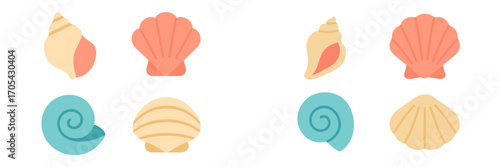 Vibrant collection of colorful stylized seashells and conch shells found on the ocean floor, perfect for summer designs