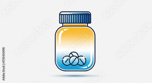 Vibrant pill bottle illustration for pharmaceutical promotions, health care advertising, or medical education materials, conveying wellness and clinical solutions, originally a scalable vector graphic