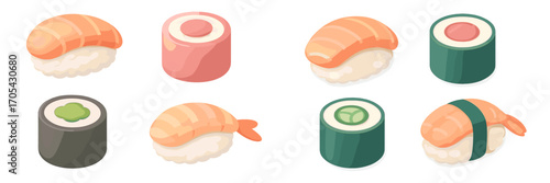 Delicious Japanese sushi and maki rolls with salmon, tuna, shrimp, and cucumber, a traditional Asian cuisine