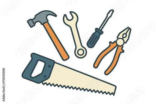 Collection of essential hand tools including hammer wrench screwdriver pliers and saw for construction and repair