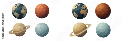 Abstract low poly geometric planets set featuring Earth Mars Saturn and other celestial bodies in a space theme