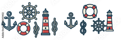 Set of nautical marine symbols and sea elements including anchors, lighthouses, ship wheels, lifebuoys, and ropes for ocean travel and sailing adventures