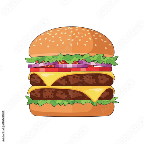 Delicious Double Cheeseburger with Lettuce Tomato Onion and Sesame Seed Bun.