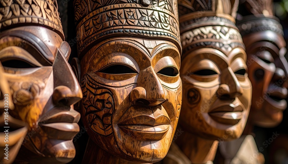 Fototapeta premium Detailed Carved Wood Masks Displayed Under Soft Natural Light Featuring Cultural Art and Traditional Craftsmanship and Ethnic Artwork