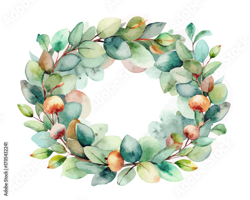 Watercolor Christmas wreaths eucalyptus vector illustration isolated on white background