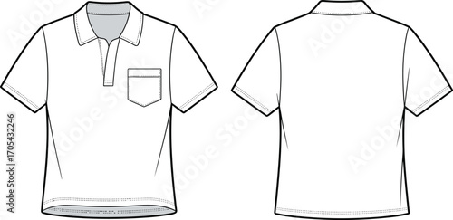 Men’s short sleeve polo shirt CAD flat sketch, with collar and chest pocket, technical garment design for fashion production.