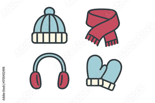 Warm winter clothing accessories set featuring a knitted hat, cozy scarf, comfortable earmuffs, and soft mittens for cold weather protection and comfort