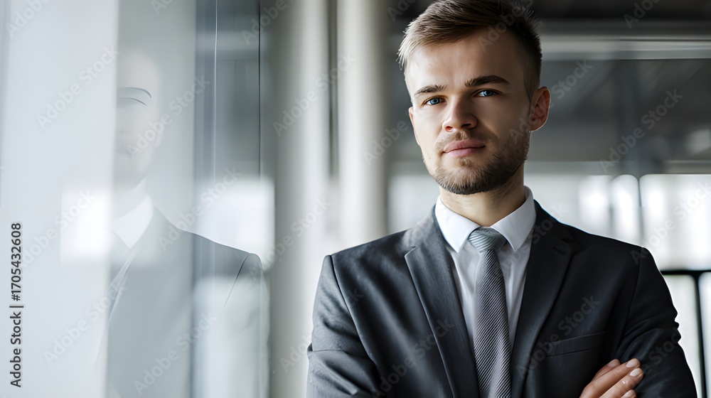 Fototapeta premium A professional consultant in formal attire, exuding confidence against a blurred office backdrop.