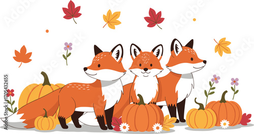 Family of Cartoon Foxes with Seasonal Props – Flat Vector Design