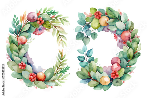 Watercolor Christmas wreaths eucalyptus 