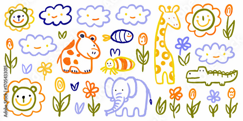 Cute hand drawn safari animals and nature elements collection with clouds and flowers