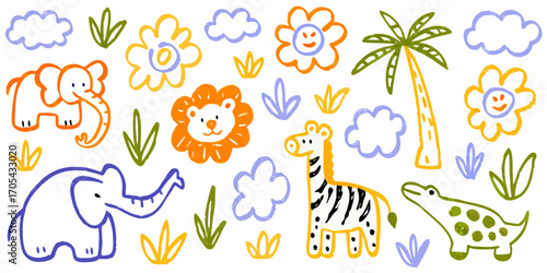 Cute cartoon jungle animals and tropical elements in a playful hand drawn style