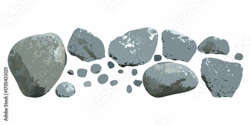 A collection of smooth gray and blue rocks and pebbles scattered on a white background