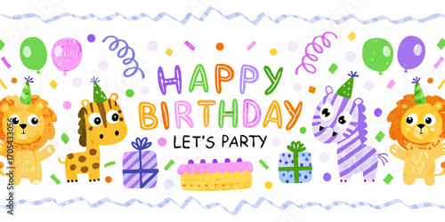 Cute cartoon animals celebrating a happy birthday party with balloons and gifts