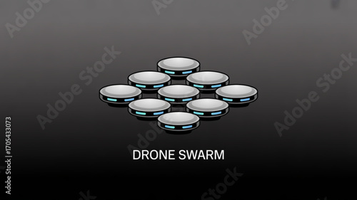 A futuristic drone swarm formation with multiple flying robots, showcasing advanced technology and coordinated movement on a dark background