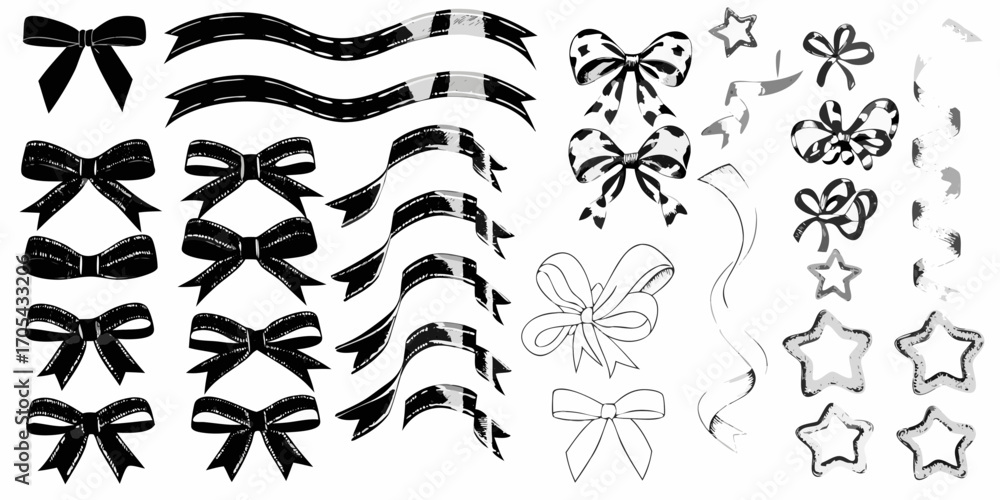 Naklejka premium Collection of hand drawn black and white bows ribbons and stars elements for design