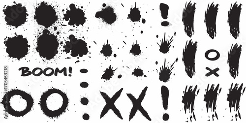 Collection of black ink splatters brush strokes and comic book style sound effects on white background