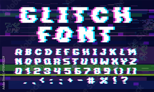 English alphabet pixel with glitch digital vhs noise effect, vector 8 bit uppercase letters numbers and punctuation mark