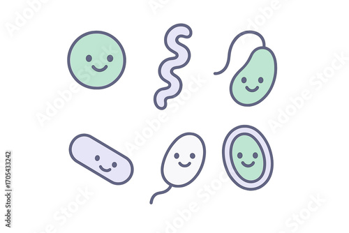 Collection of adorable smiling microorganisms including bacteria, viruses, and single-celled organisms in a playful style