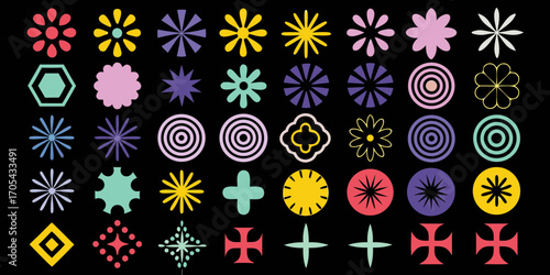 Collection of diverse geometric and floral abstract shapes in vibrant colors on a black background