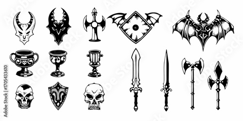 Collection of dark fantasy icons including skulls swords axes chalices and shields