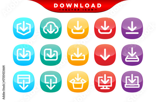 Creative 3D colorful download button icon. Down arrow bottom symbol. Click here button. Save cloud import icon, push button, mobile application.