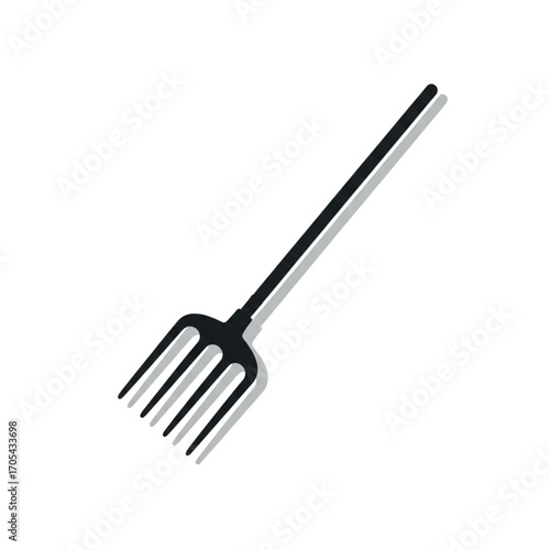 Black Pitchfork Tool with Four Prongs and Long Handle.