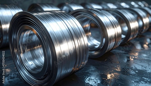 Detailed Macro Shot of Stacked Silver Metal Rings on Reflective Dark Surface Industrial Strength and Precision with Metallic Tones