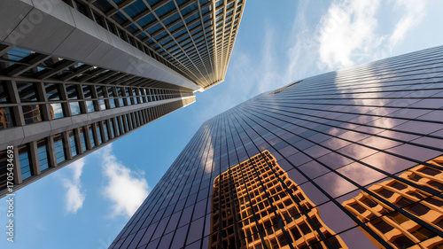Glass skyscraper facade with reflections and perspective view
