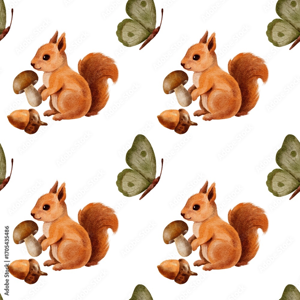 Naklejka premium Watercolor squirrel with mushrooms acorns and butterfly autumn seamless pattern