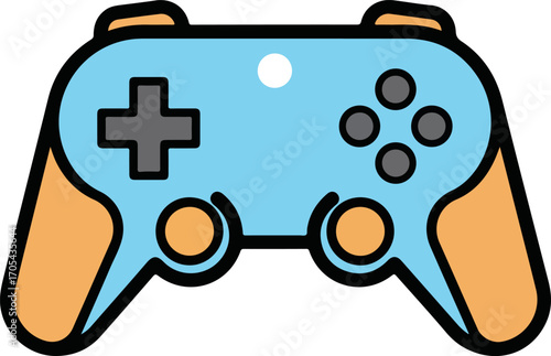 A flat single 2D icon illustration of a colorful video game controller, representing digital entertainment, modern online gaming, and leisure hobby activity
