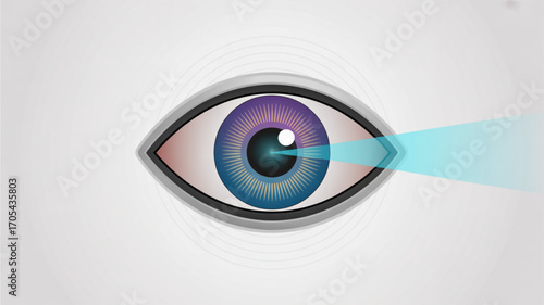 Illustration of a human eye emitting a blue light beam, , ideal for vision, technology, or futuristic concepts