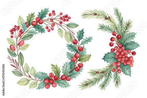 Watercolor Christmas wreaths berries vector illustration isolated on white background