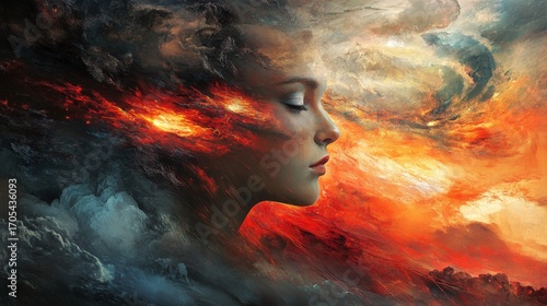A woman's face is partially obscured by a swirling mix of fire, clouds, and smoke.