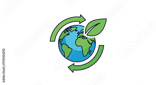 Green Earth with Recycling Arrows and Leaf.