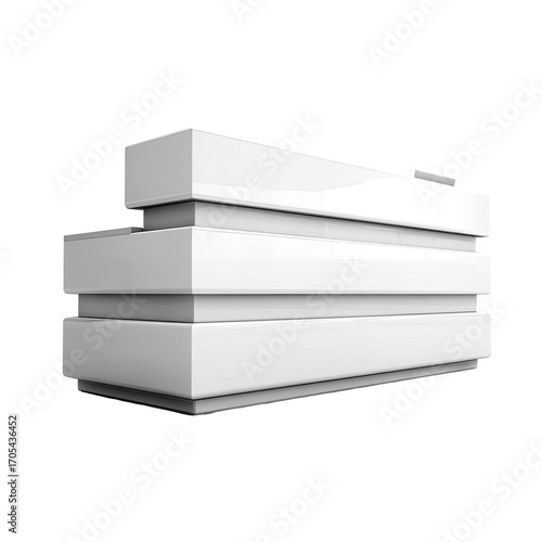 Modern glossy white reception desk with three stacked rectangular sections and a subtle gray base, isolated PNG with Transparent Background