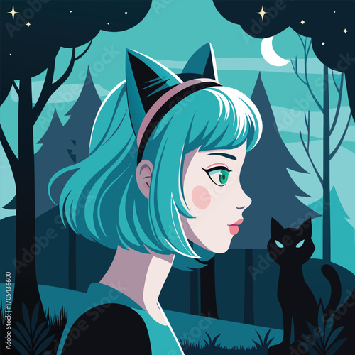 Anime Girl with Cat Ears and Black Cat in Moonlit Forest