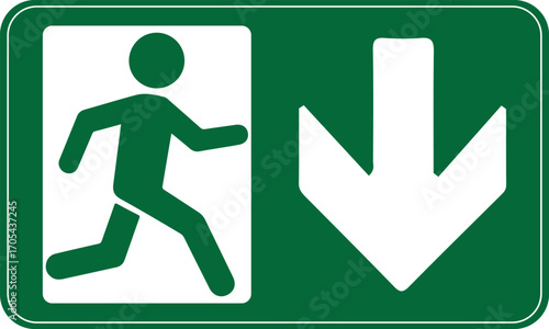 Green emergency exit sign with a running person pictogram and a white arrow pointing down, indicating the escape route.