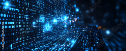 Abstract technology concept with blue gradient digital background, binary numbers, and data lines representing modern programming, global communication, and cyber information transfer systems