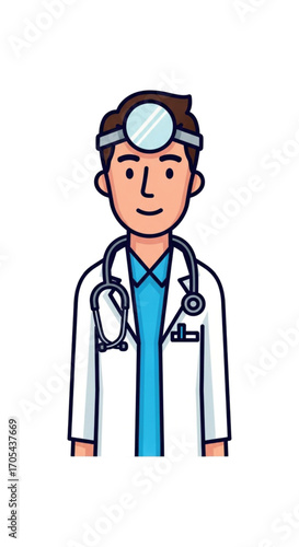 Doctor wearing a head mirror and stethoscope.