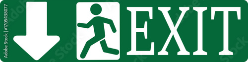 Green and white emergency exit sign with a downward arrow, a running person pictogram, and the word EXIT.