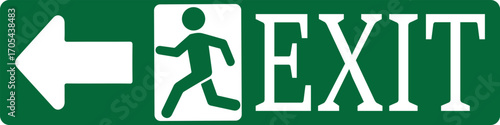 Green and white emergency exit sign with a running person pictogram and a left-pointing arrow.