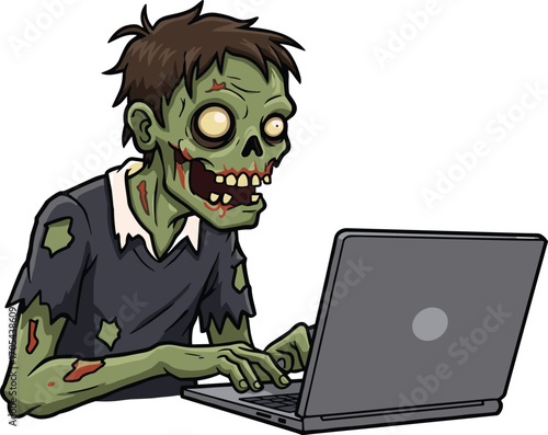 Cartoon Zombie Typing on Laptop with Creepy Expression, Dressed in Torn Clothes, Representing Addicted Internet User or Office WorkerCartoon Zombie Typing on Laptop with Creepy Expression, 