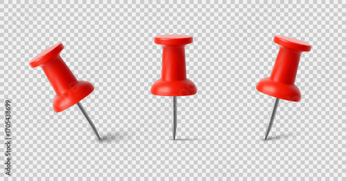 Realistic Red Push Pins Set – Vector Thumbtacks on Transparent Background